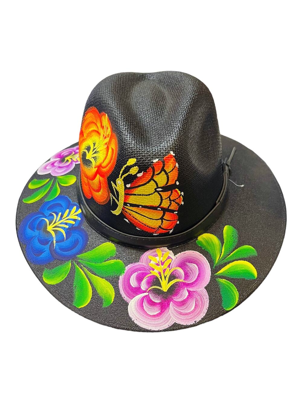 HAT MEXICAN Artisanal Hand Painted Fedora Floral Sombrero Panama Bohemian Black